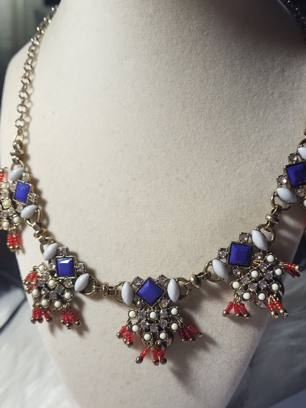 Unsigned Gold-Tone Statement Necklace with Blue, White and Red Accents